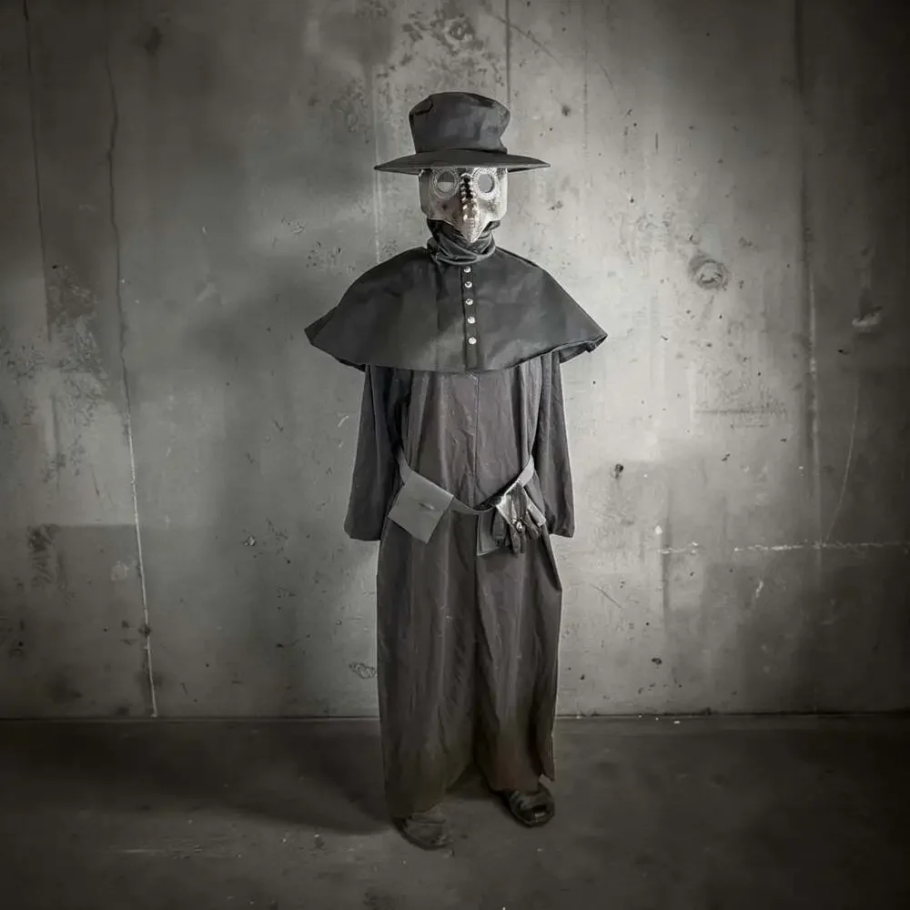 Black Plague Doctor Costume Long Nose Bird Mask Spirit Halloween Masquerade XL